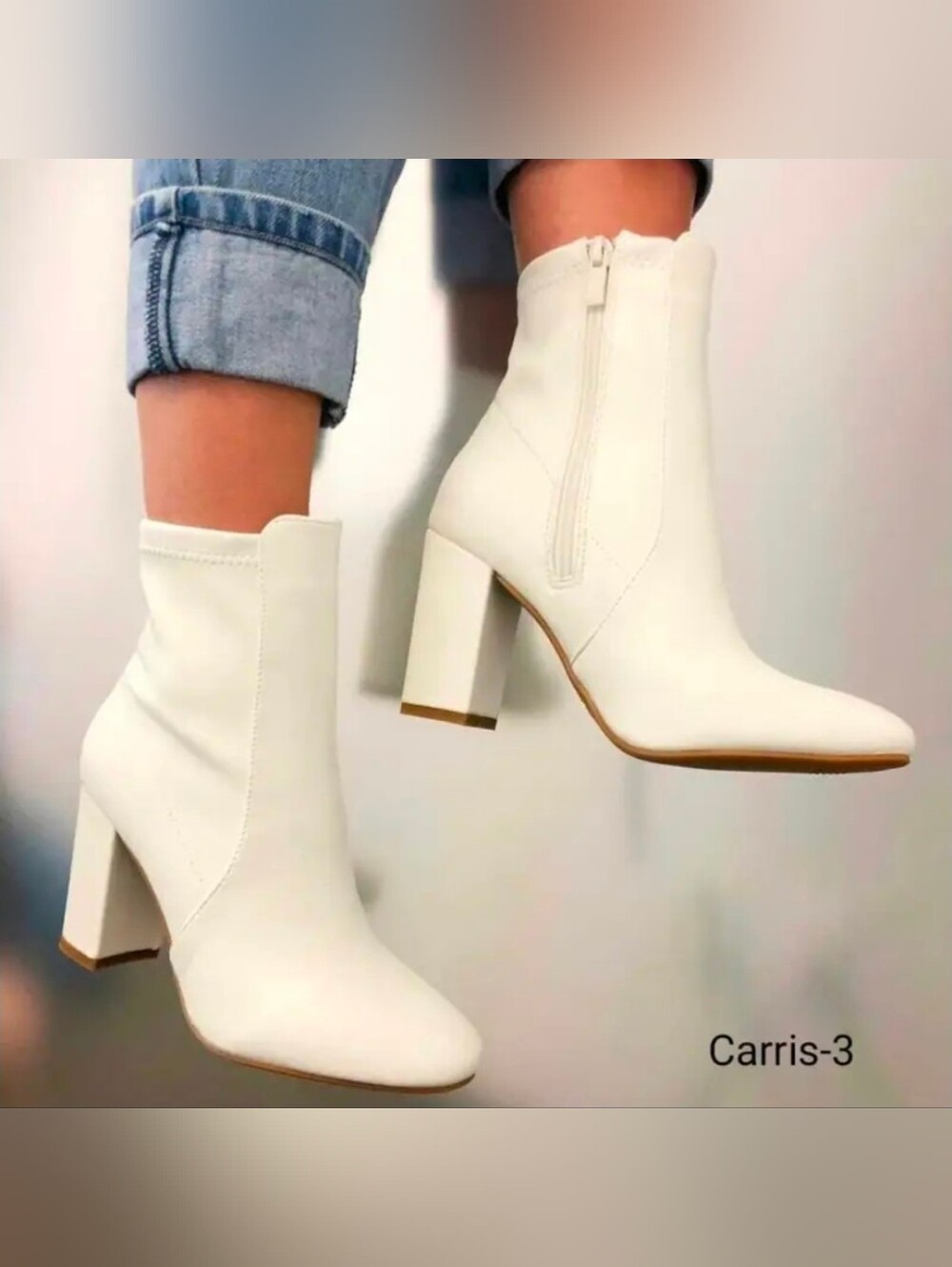 Women's White Block Heel Ankle Boots - Fashionable Zip Closure